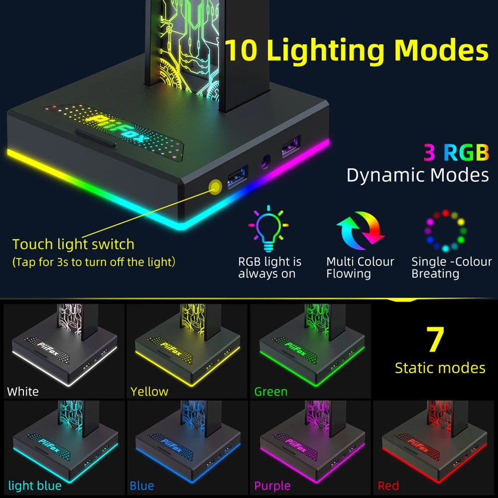 RGB Gaming Headphone Stand with USB &amp; 10 Lighting Modes
