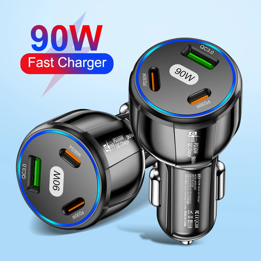 90W 3-Port Schnellladegerät Auto PD USB Typ-C
