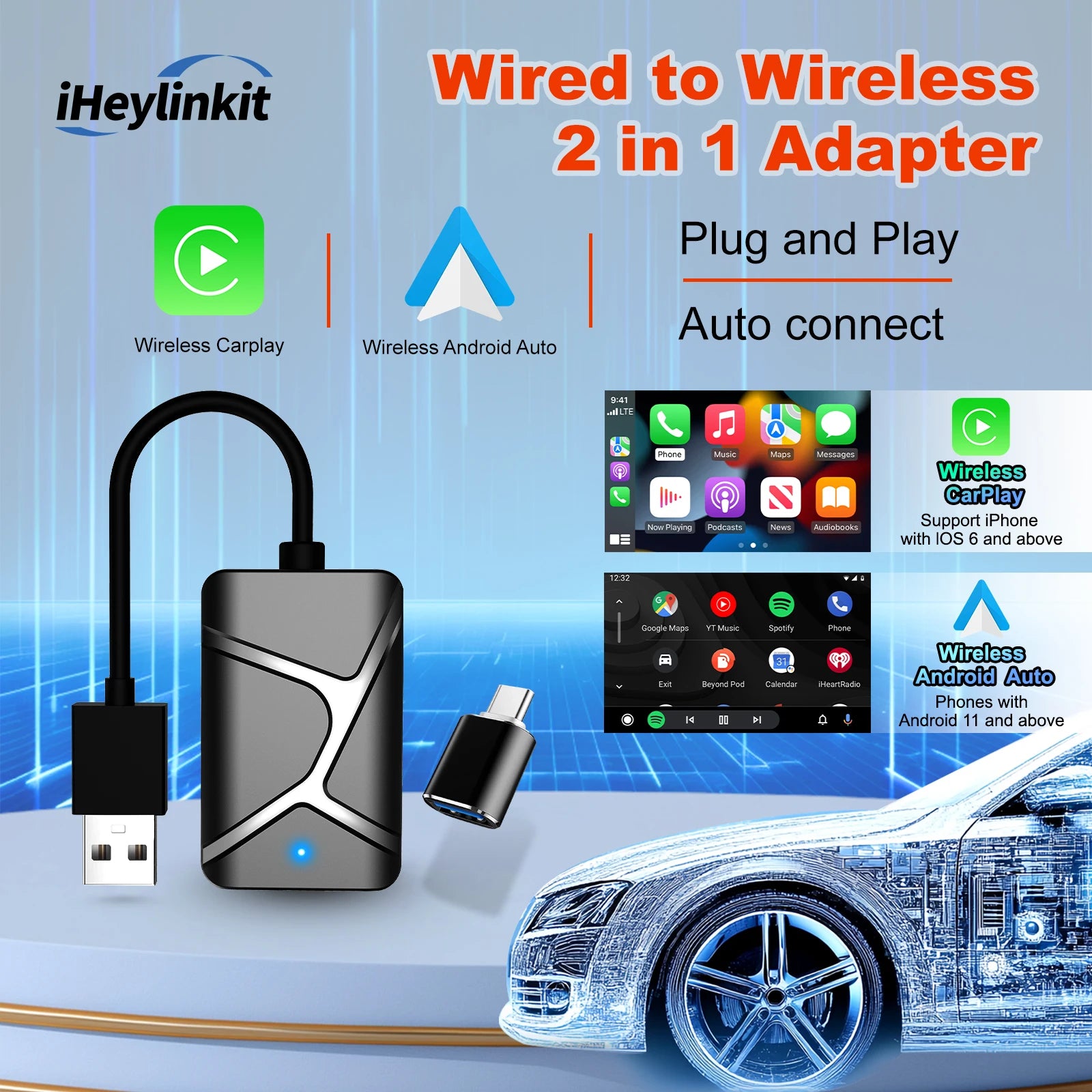 2in1 Mini Wireless CarPlay Android Auto