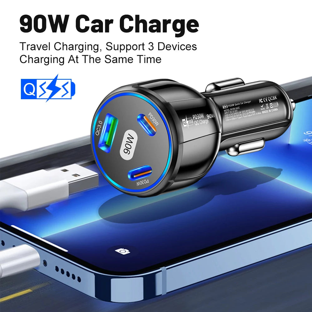 90W 3-Port Schnellladegerät Auto PD USB Typ-C