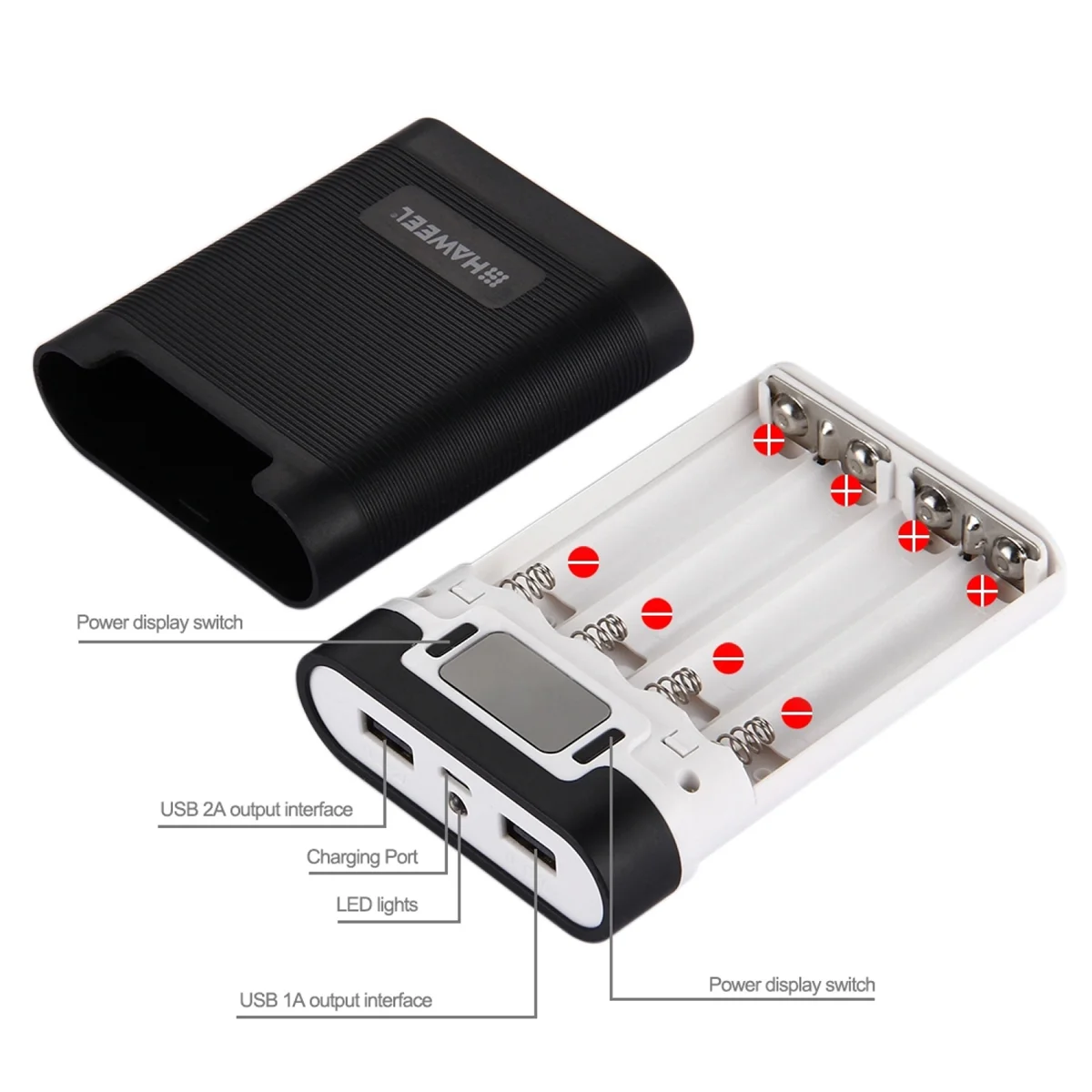 HAWEEL DIY 4X 18650 Akku (nicht im Lieferumfang enthalten), 10.000 mAh Powerbank-Shell-Box mit 2 USB-Ausgängen und Display für Smartphones-A