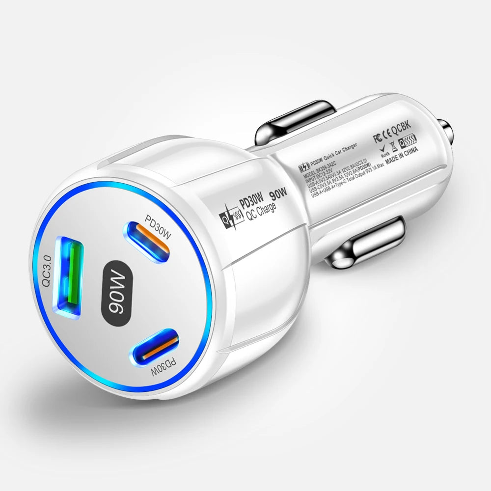 90W 3-Port Schnellladegerät Auto PD USB Typ-C