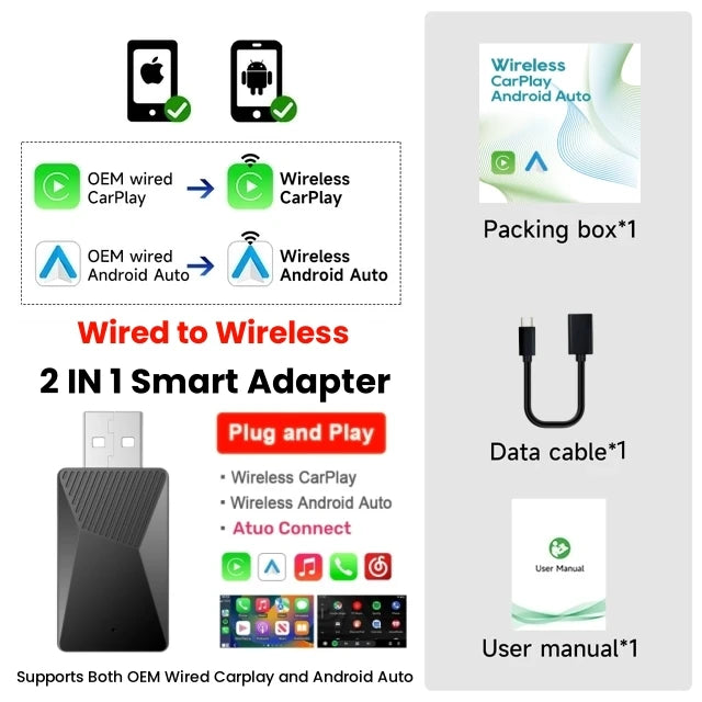 2-in-1 KI Adapter CarPlay Android Auto kabellos