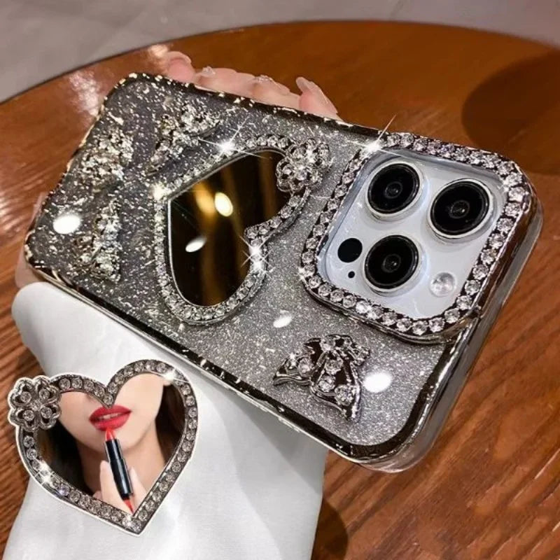 Herz Make-up Spiegelhülle mit Glitzer für iPhone 17