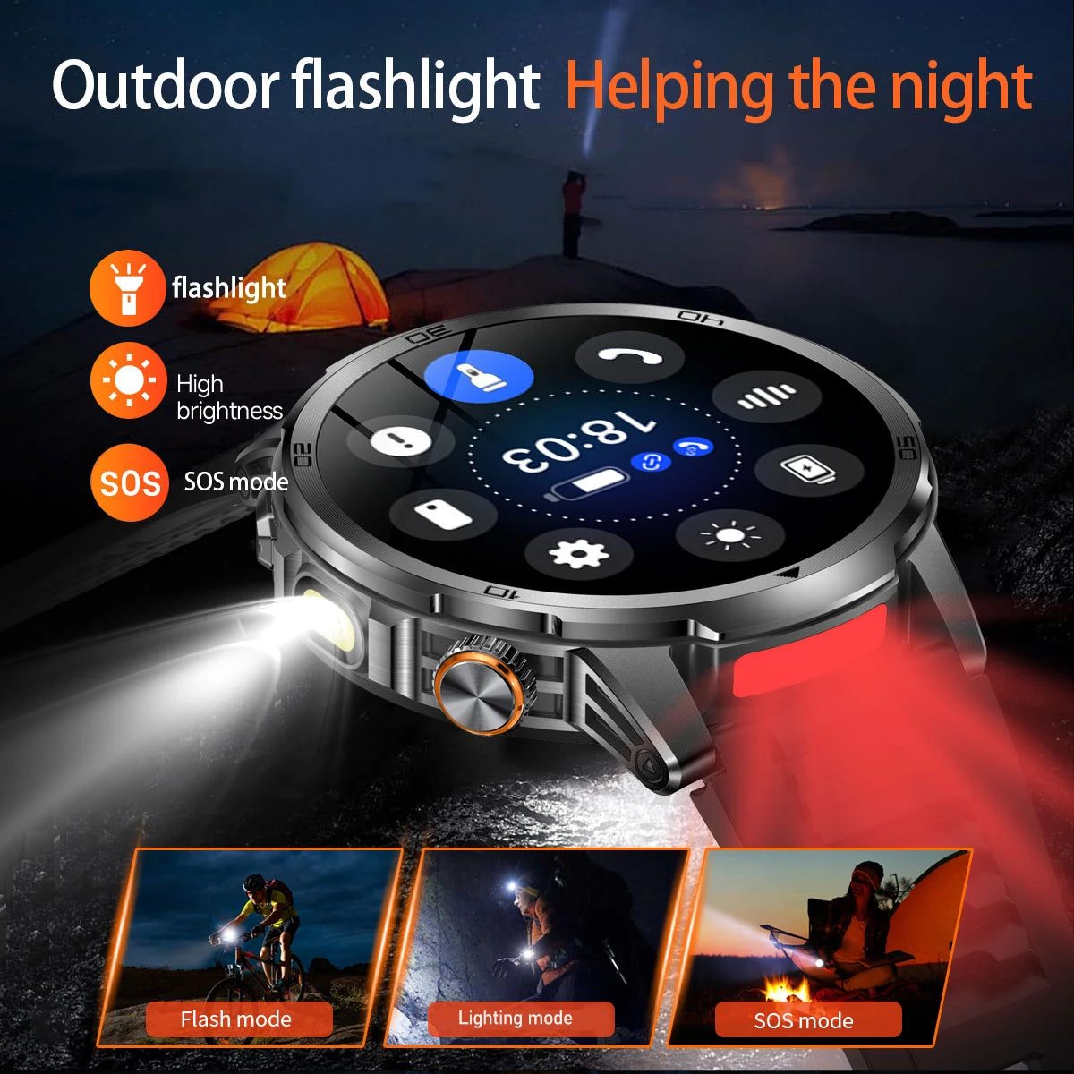 Herren Smartwatch mit LED Taschenlampe und GPS