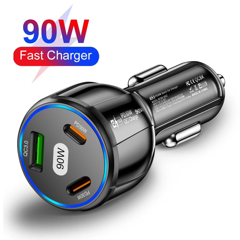 90W 3-Port Schnellladegerät Auto PD USB Typ-C