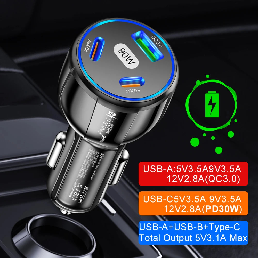90W 3-Port Schnellladegerät Auto PD USB Typ-C