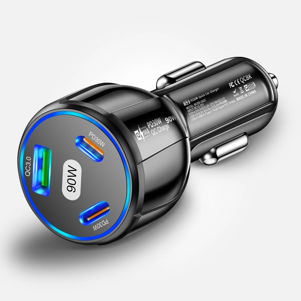 90W 3-Port Schnellladegerät Auto PD USB Typ-C